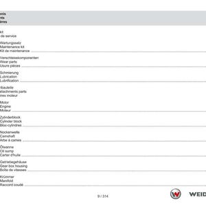 May include: A page from a manual with a table of contents in German, English, and French. The table lists various engine components and service-related items, including "Wear parts" and "Oil sump."