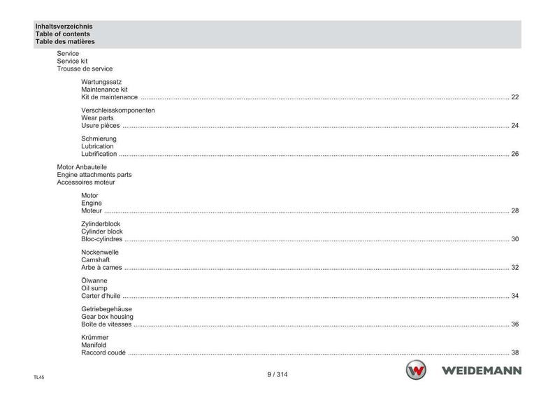 May include: A page from a manual with a table of contents in German, English, and French. The table lists various engine components and service-related items, including "Wear parts" and "Oil sump."