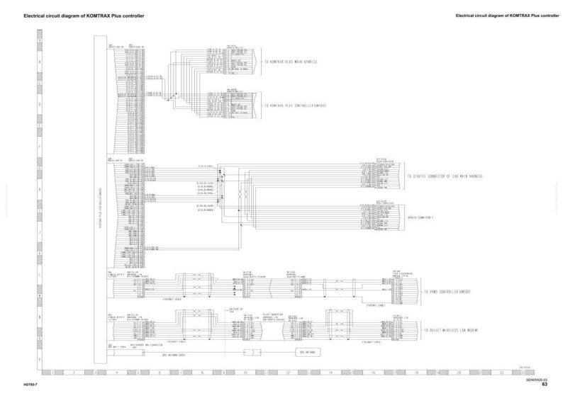 May include: A black and white electrical circuit diagram of a KOMTRAX Plus controller. The diagram is filled with lines, symbols, and text, detailing the internal wiring and connections. It is a technical illustration, likely for engineering or repair purposes.