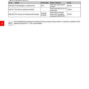 Pode incluir: Ficha t&eacute;cnica de um tubo de escape, com especifica&ccedil;&otilde;es de aperto para turbocompressores e coletores de escape. Inclui tipos de parafusos, valores de torque em Newton metros e notas de instala&ccedil;&atilde;o. DEUTZ.