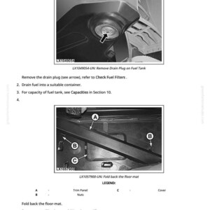 May include: Diagram of fuel tank removal and installation. Includes images of the fuel tank with the drain plug, and the floor-mat with trim panel, nuts, and cover. Text instructions are also included.