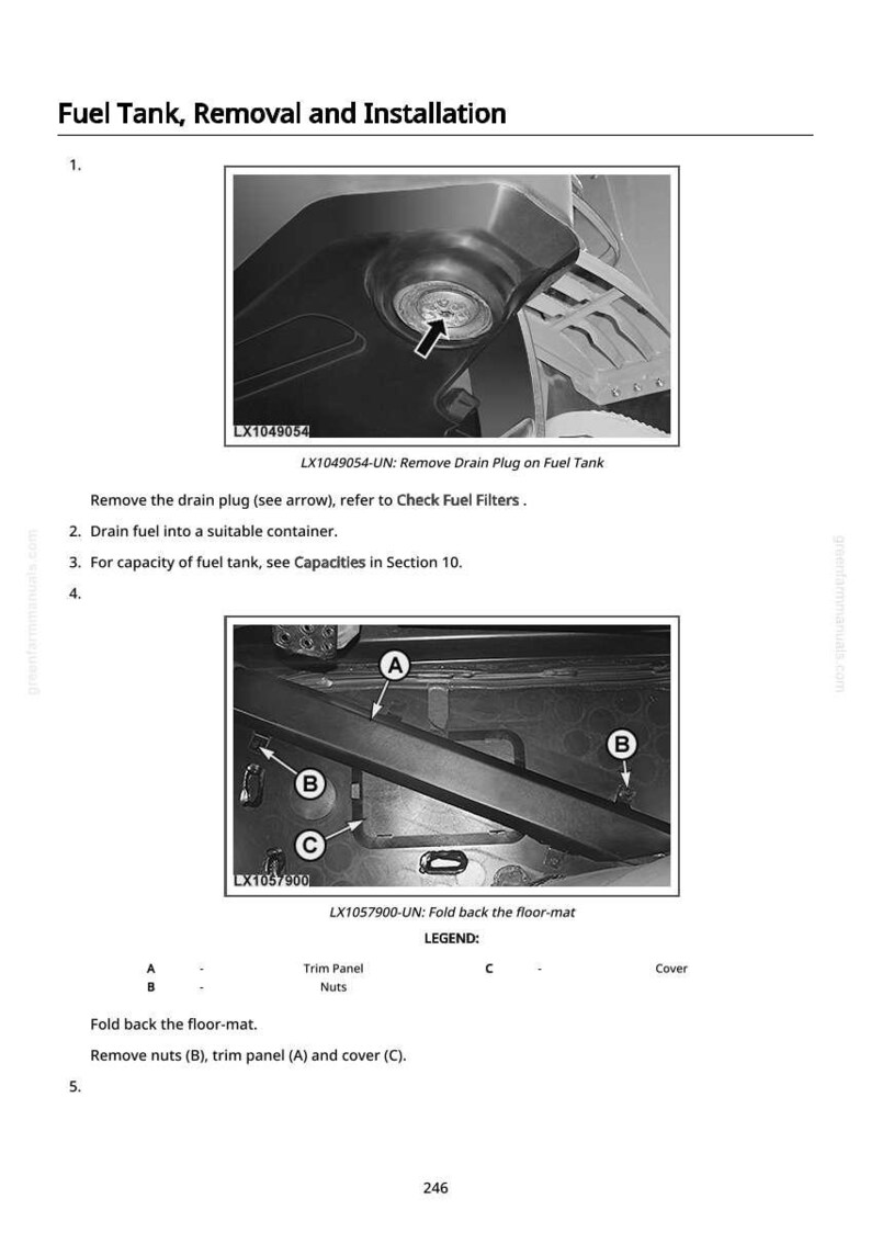 May include: Diagram of fuel tank removal and installation. Includes images of the fuel tank with the drain plug, and the floor-mat with trim panel, nuts, and cover. Text instructions are also included.