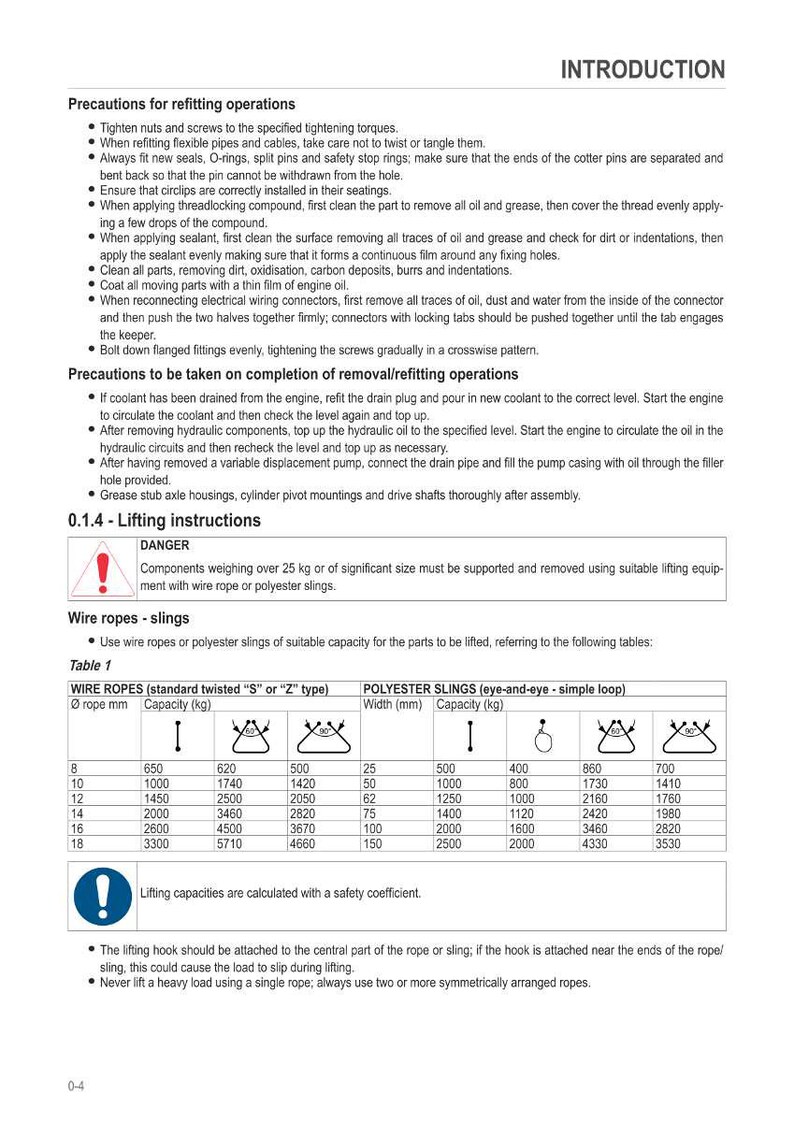 May include: A page from a manual with safety instructions for refitting operations and lifting instructions. Includes tables detailing wire rope and polyester sling capacities, with measurements in millimeters and kilograms. The text is in black font on a white background.