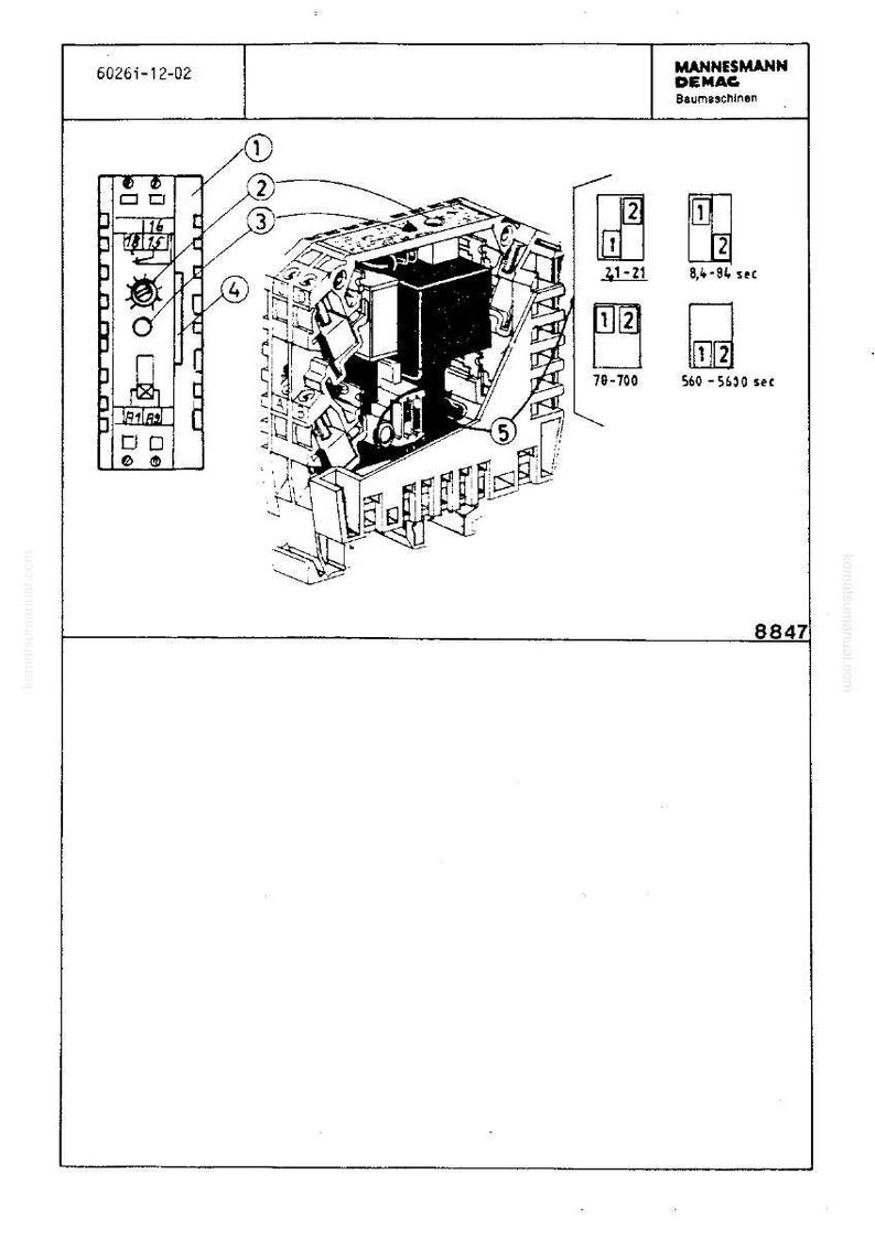 Puede incluir: Diagrama t&eacute;cnico de un componente de m&aacute;quina MANNESMANN DEMAG. El diagrama incluye esquemas detallados, piezas numeradas y especificaciones de tiempo en segundos. El componente se representa en un dibujo t&eacute;cnico en blanco y negro.