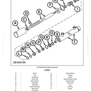 May include: A black and white diagram of a master cylinder, showing various components such as sleeves, nuts, and piston rods. The diagram is labelled with letters and part names. The text at the bottom reads "ZX1044134" and "ZX1044135-UN: Master Cylinder."