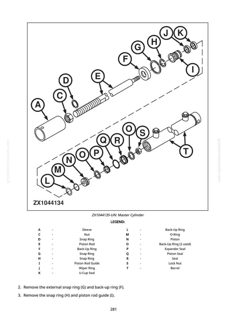May include: A black and white diagram of a master cylinder, showing various components such as sleeves, nuts, and piston rods. The diagram is labelled with letters and part names. The text at the bottom reads "ZX1044134" and "ZX1044135-UN: Master Cylinder."