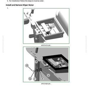May include: Diagram of a wiper motor installation and removal process. The image shows two detailed illustrations with labeled parts (A-G, J) and instructions. Text includes steps for unfolding the nut cap, removing the nut, and replacing the wiper arm.