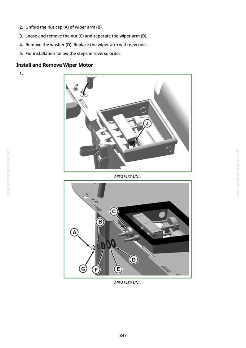 May include: Diagram of a wiper motor installation and removal process. The image shows two detailed illustrations with labeled parts (A-G, J) and instructions. Text includes steps for unfolding the nut cap, removing the nut, and replacing the wiper arm.