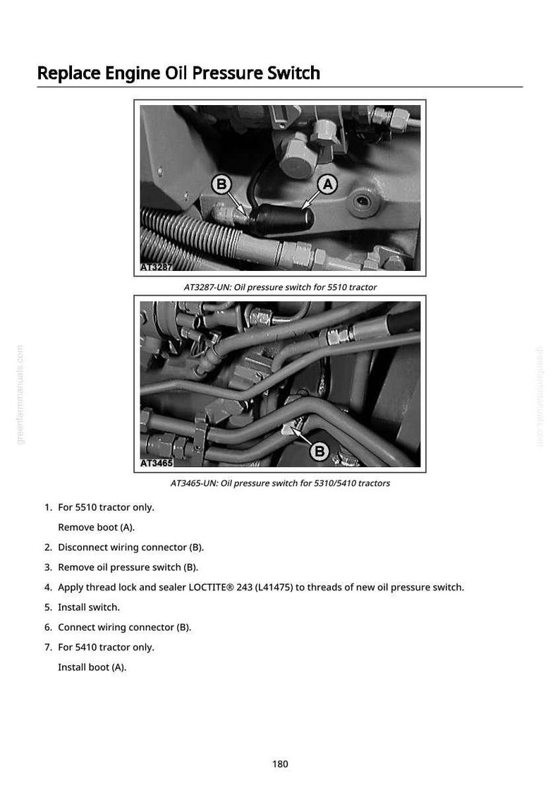 Puede incluir: Diagrama que ilustra la sustituci&oacute;n del interruptor de presi&oacute;n de aceite del motor. La imagen muestra vistas de cerca de los componentes del motor del tractor, incluido el interruptor de presi&oacute;n de aceite, los conectores de cableado y las piezas relacionadas. El texto proporciona instrucciones paso a paso.