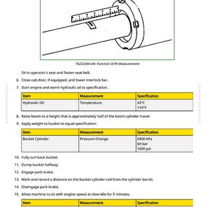 Op de afbeelding: Afbeelding van een cilindrisch onderdeel met een meetschaal. De afbeelding bevat tekst met details over de functie driftmeting, de hydraulische olietemperatuur (43&deg;C/110&deg;F) en de drukverandering (6900 kPa/69 bar/1000 psi).