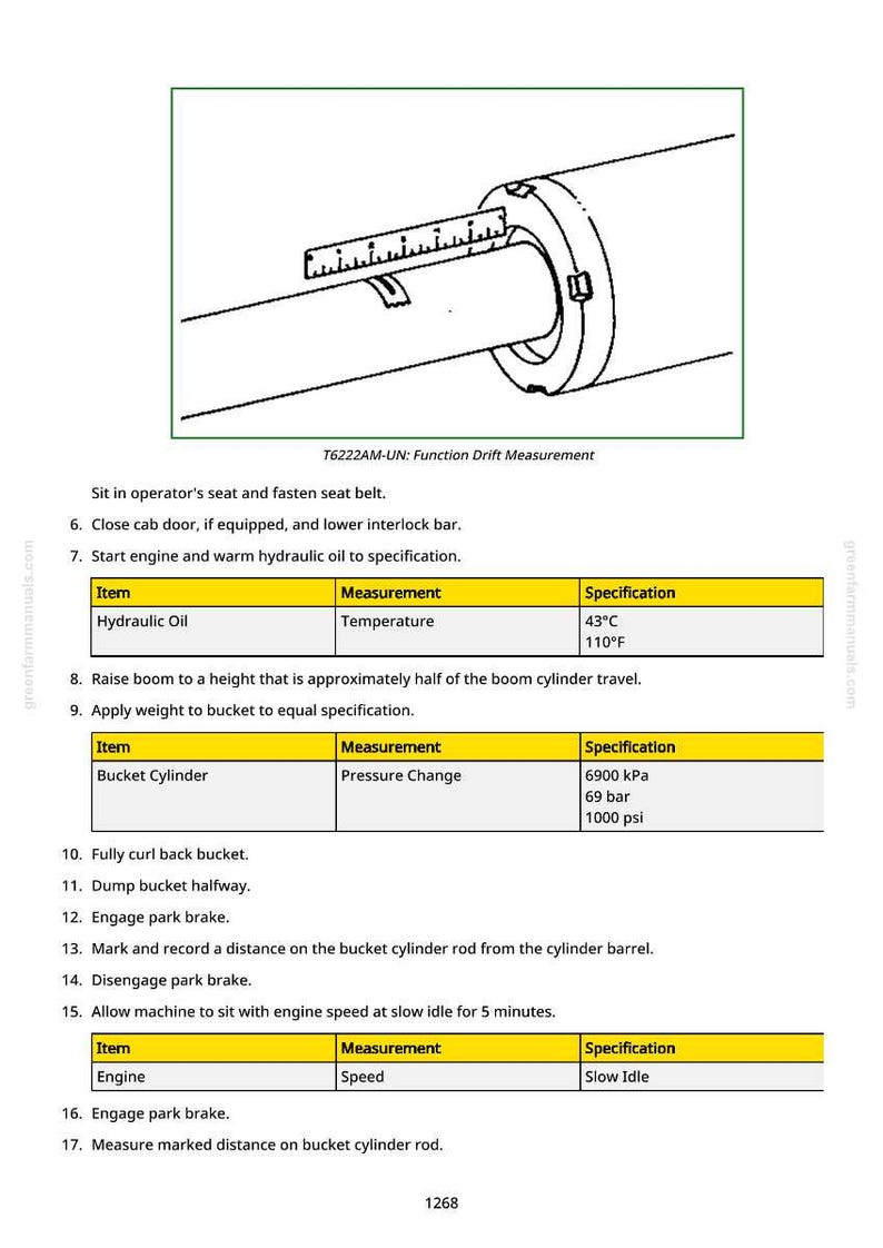 Op de afbeelding: Afbeelding van een cilindrisch onderdeel met een meetschaal. De afbeelding bevat tekst met details over de functie driftmeting, de hydraulische olietemperatuur (43&deg;C/110&deg;F) en de drukverandering (6900 kPa/69 bar/1000 psi).