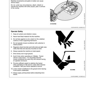 May include: A safety manual page with the title "Maintain a Safety Area Around the Machine." The page includes an illustration of a tractor and mower, along with safety instructions. The text also includes the instructions "Operate Safely."