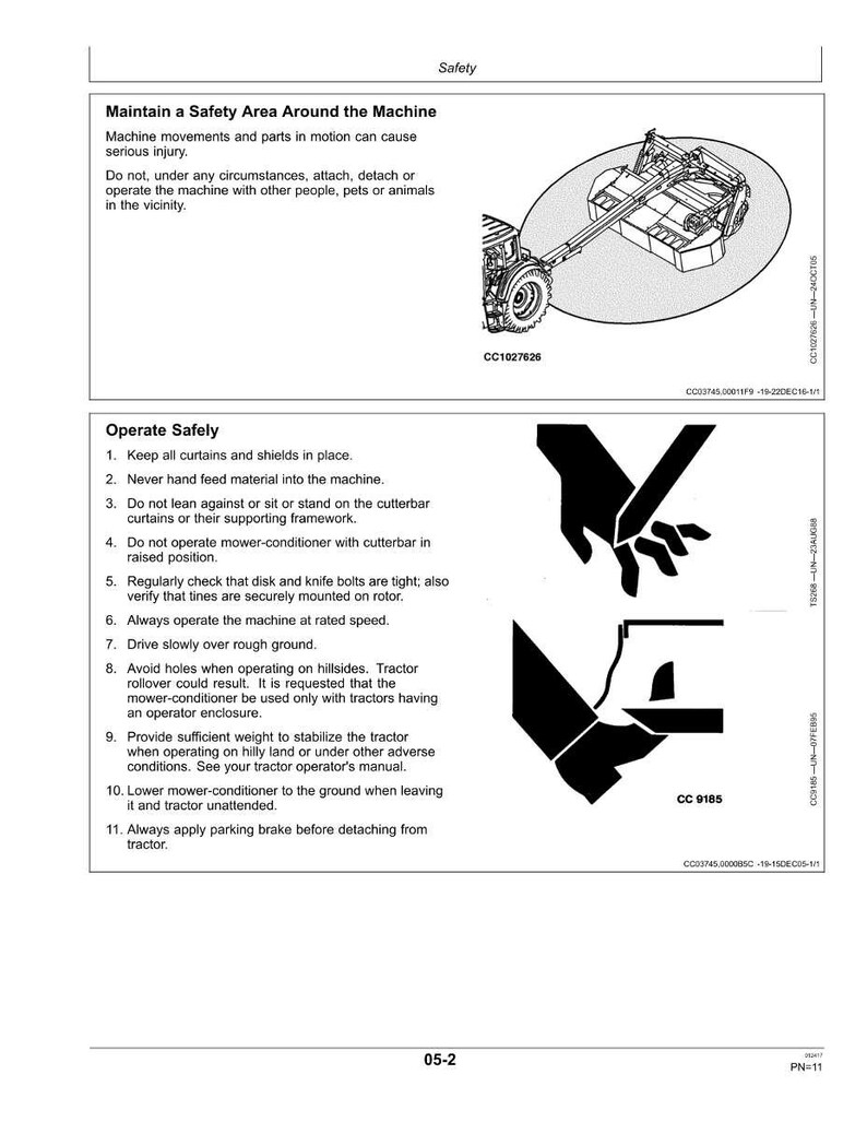 May include: A safety manual page with the title "Maintain a Safety Area Around the Machine." The page includes an illustration of a tractor and mower, along with safety instructions. The text also includes the instructions "Operate Safely."