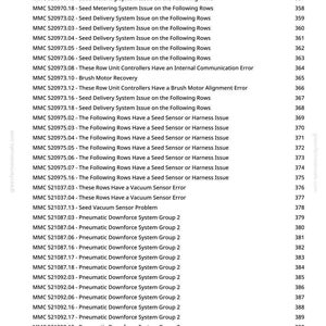 May include: A page from a manual with a list of technical issues and error codes, including "Seed Metering System Issue" and "Vacuum Sensor Error." The document is from greenfarmmanuals.com and includes page numbers.