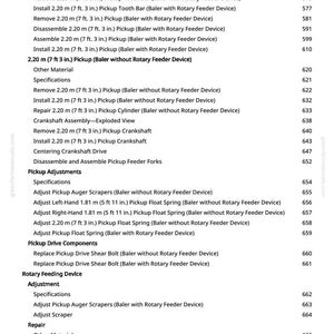 May include: A page from a manual with a list of instructions for a baler, including measurements in feet and inches. The text includes terms like "Pickup Stripper," "Crankshaft," and "Rotary Feeder Device."
