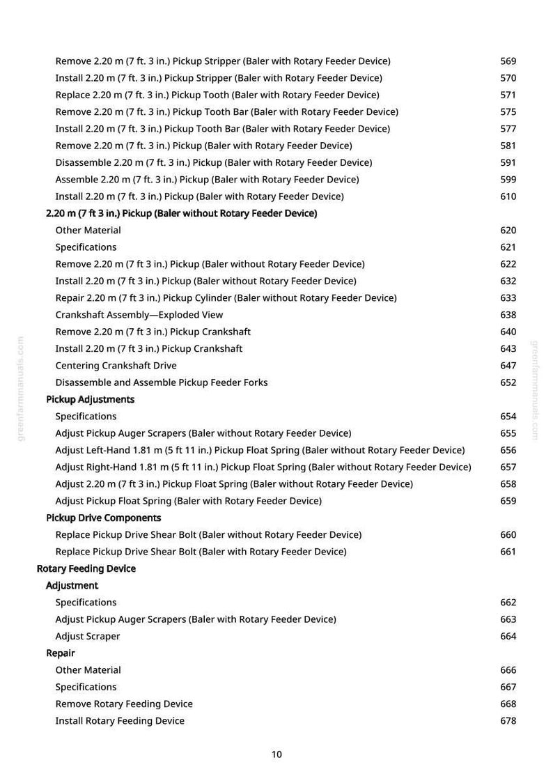 May include: A page from a manual with a list of instructions for a baler, including measurements in feet and inches. The text includes terms like "Pickup Stripper," "Crankshaft," and "Rotary Feeder Device."