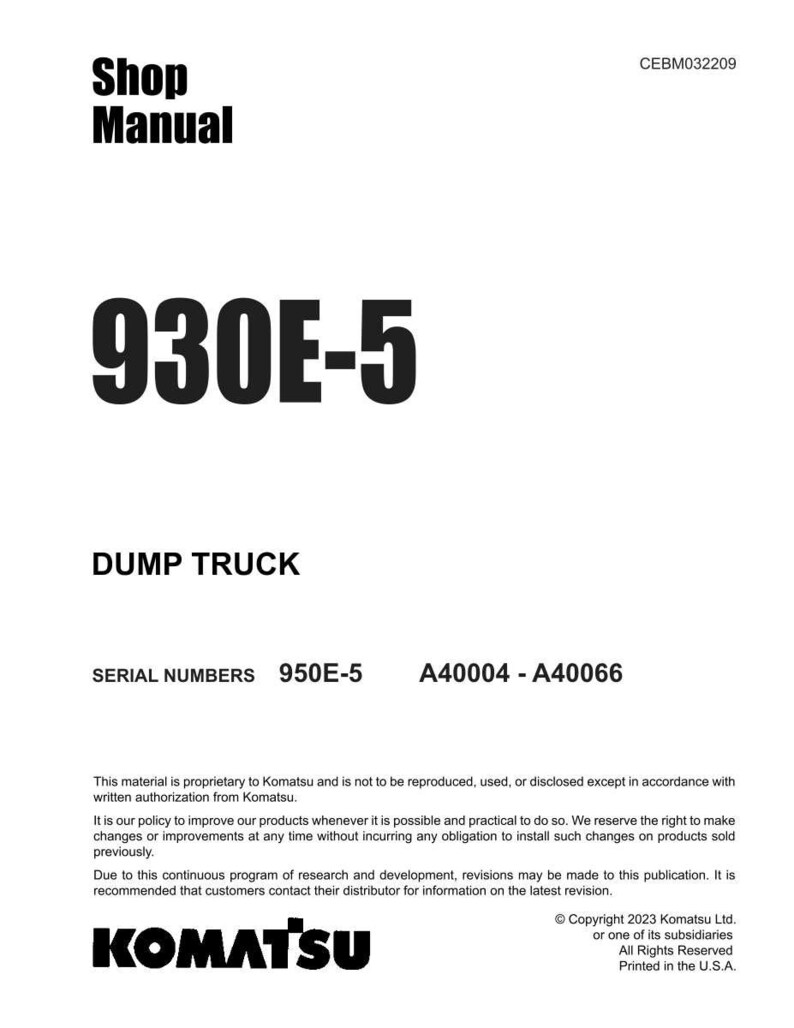 May include: A white document with the text "Shop Manual" and "930E-5" in bold black font. Below, it reads "DUMP TRUCK". The Komatsu logo is at the bottom. Serial numbers are listed.