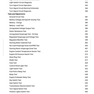 May include: A detailed list of tests and adjustments for a vehicle's electrical system, including schematics, diagnostics, and specific component tests. The text is in black font on a white background.