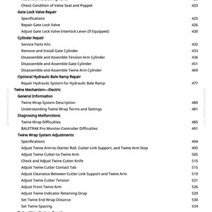May include: A white page from a manual with a table of contents. The text includes repair instructions for valves, cylinders, and twine mechanisms. The page number is 6.
