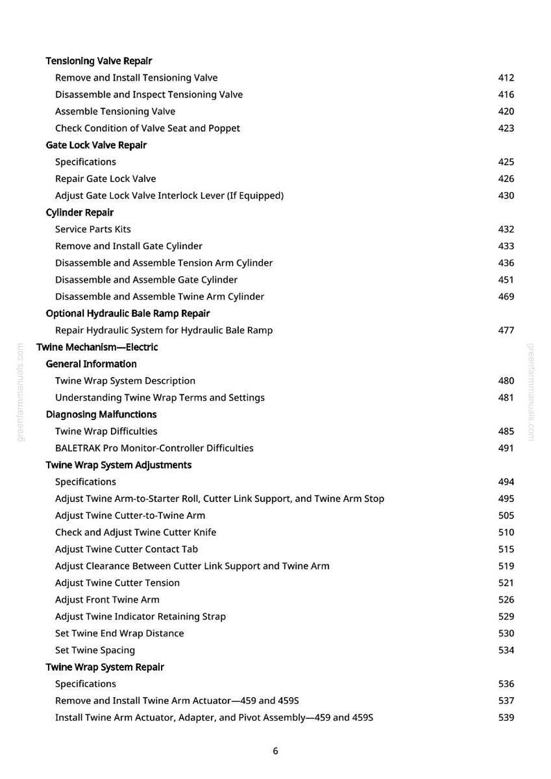 May include: A white page from a manual with a table of contents. The text includes repair instructions for valves, cylinders, and twine mechanisms. The page number is 6.