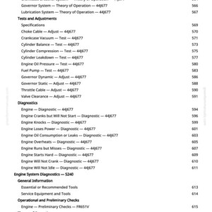 May include: A page from a manual with a table of contents. The text includes "Theory of Operation", "Tests and Adjustments", and "Diagnostics". The page number is 9.