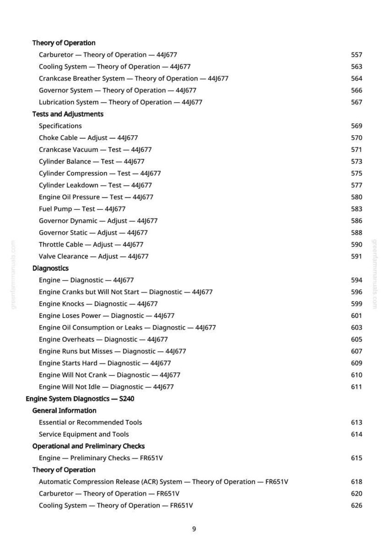 May include: A page from a manual with a table of contents. The text includes "Theory of Operation", "Tests and Adjustments", and "Diagnostics". The page number is 9.
