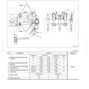 May include: Technical diagram of a fixed multi-shank ripper, D85EX-15R and D85PX-15R models. Includes measurements in millimeters, tolerance details, and clearance limits for various components. Features a detailed schematic and a table with specifications.