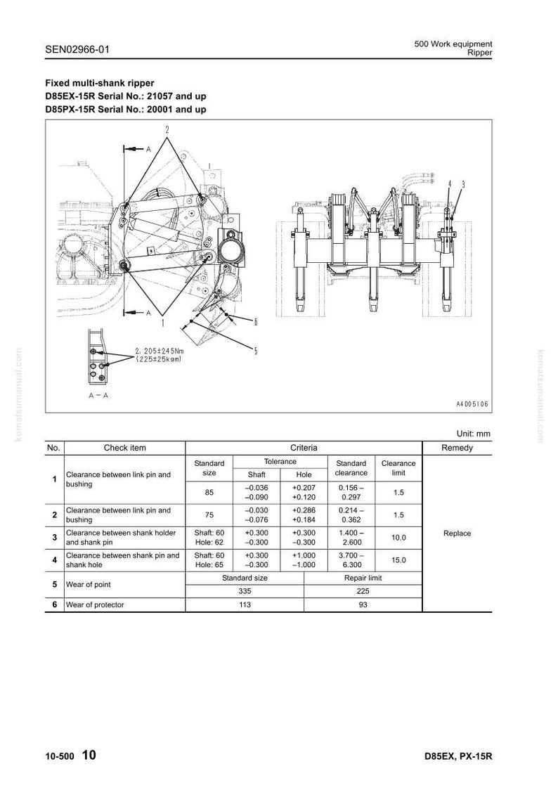 May include: Technical diagram of a fixed multi-shank ripper, D85EX-15R and D85PX-15R models. Includes measurements in millimeters, tolerance details, and clearance limits for various components. Features a detailed schematic and a table with specifications.