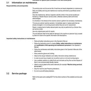 May include: A page from a Wacker Neuson maintenance manual. The document includes sections on information, safety instructions, and service packages. The Wacker Neuson logo is in the upper right corner. Text includes safety warnings and instructions.