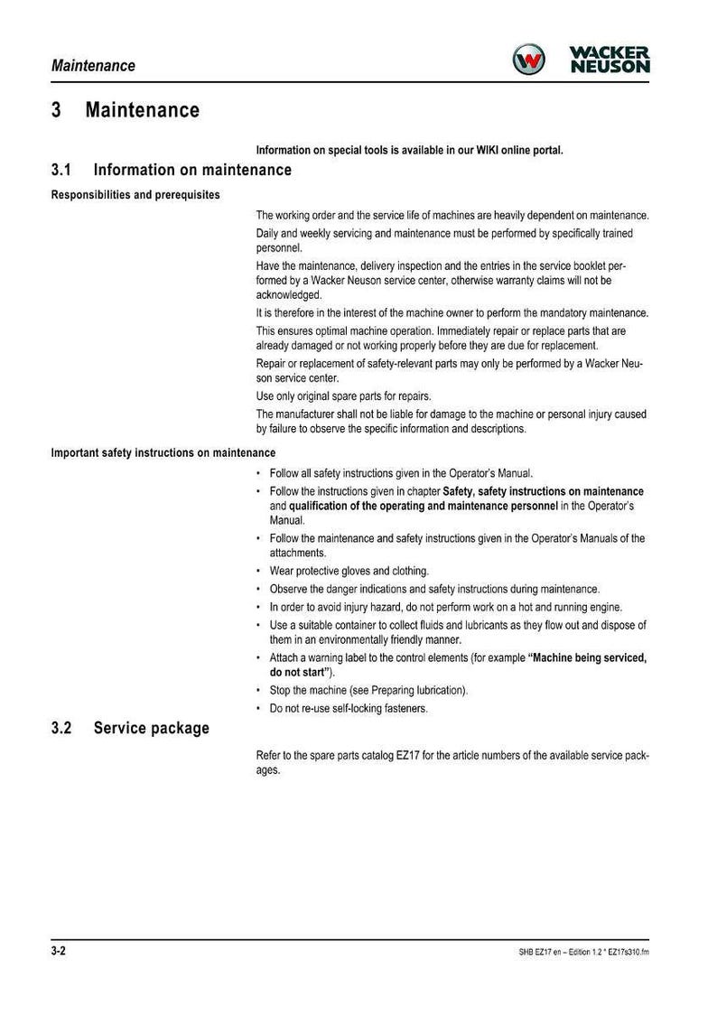 May include: A page from a Wacker Neuson maintenance manual. The document includes sections on information, safety instructions, and service packages. The Wacker Neuson logo is in the upper right corner. Text includes safety warnings and instructions.