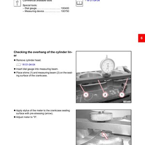 Puede incluir: Diagrama t&eacute;cnico de DEUTZ para el motor TCD 2013 4V. La imagen muestra instrucciones para verificar el voladizo del revestimiento del cilindro, incluido el uso de un indicador de cuadrante y una viga de medici&oacute;n. El diagrama incluye etiquetas y flechas.