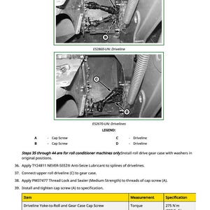 Op de afbeelding: Diagrammen van aandrijflijncomponenten met de labels A, B, C en D. Bevat een legenda die de onderdelen definieert als schroeven en aandrijflijnen. Bevat ook koppel specificaties voor de aandrijflijn.