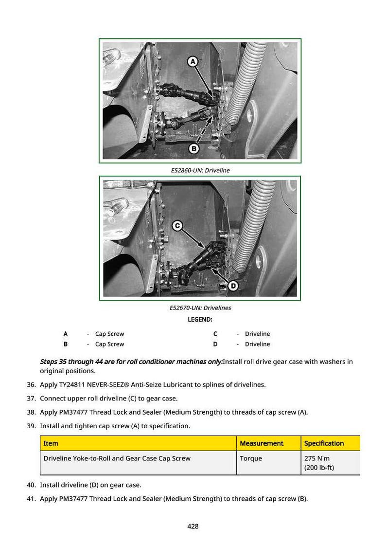Op de afbeelding: Diagrammen van aandrijflijncomponenten met de labels A, B, C en D. Bevat een legenda die de onderdelen definieert als schroeven en aandrijflijnen. Bevat ook koppel specificaties voor de aandrijflijn.