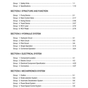 May include: A detailed table of contents from a manual, with sections on general information, structure, function, hydraulic, electrical, and mechatronics systems. The text is black on a white background.