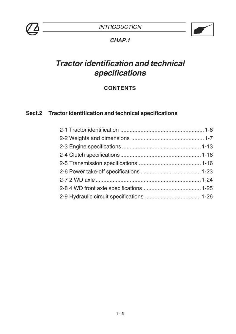 May include: A page from a manual titled "Tractor identification and technical specifications." The document includes a table of contents with sections on tractor identification, weights, dimensions, engine, clutch, and transmission specifications.