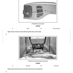 Op de afbeelding: Diagrammen die het verwijderen en installeren van een motorkap illustreren. De eerste afbeelding toont de motorkapgrille met labels A en B. De tweede afbeelding toont de motorkap harnas connector met labels A en B. Tekst bevat instructies en onderdeelnamen.