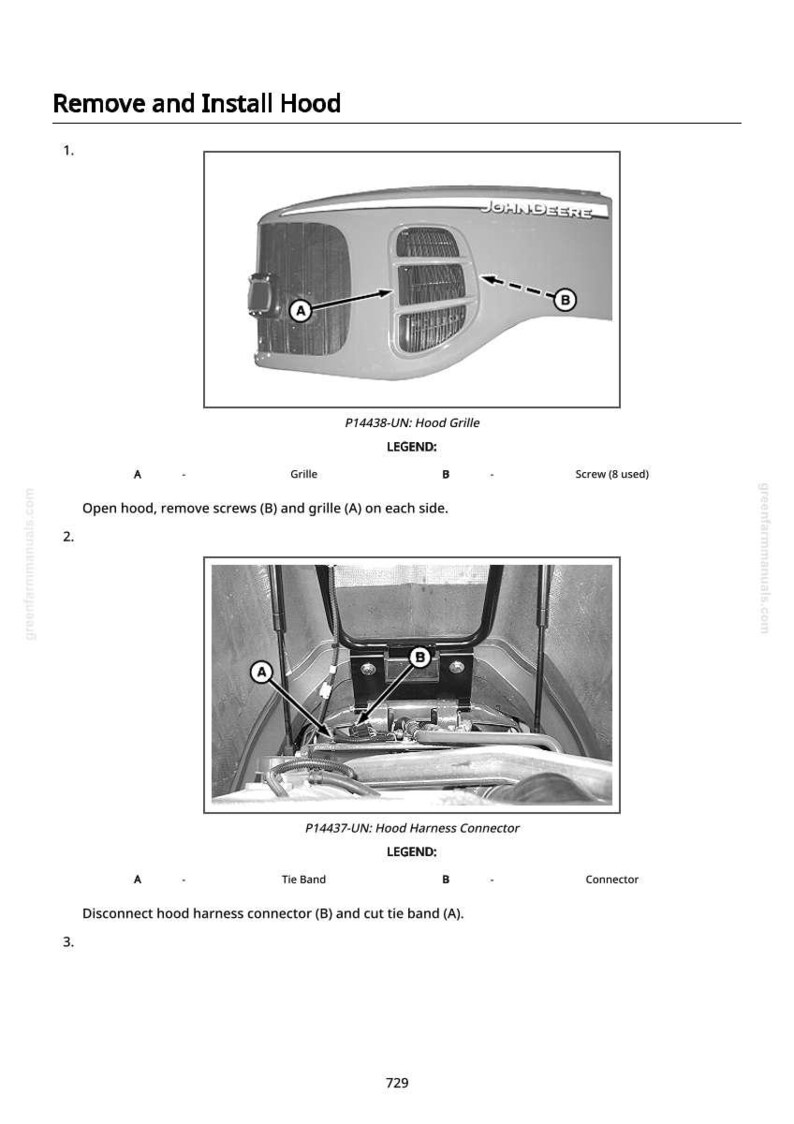 Op de afbeelding: Diagrammen die het verwijderen en installeren van een motorkap illustreren. De eerste afbeelding toont de motorkapgrille met labels A en B. De tweede afbeelding toont de motorkap harnas connector met labels A en B. Tekst bevat instructies en onderdeelnamen.