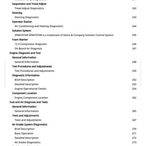 May include: A white page with a detailed table of contents. The document lists various diagnostic topics, including engine, fuel, and air intake systems, with corresponding page numbers.