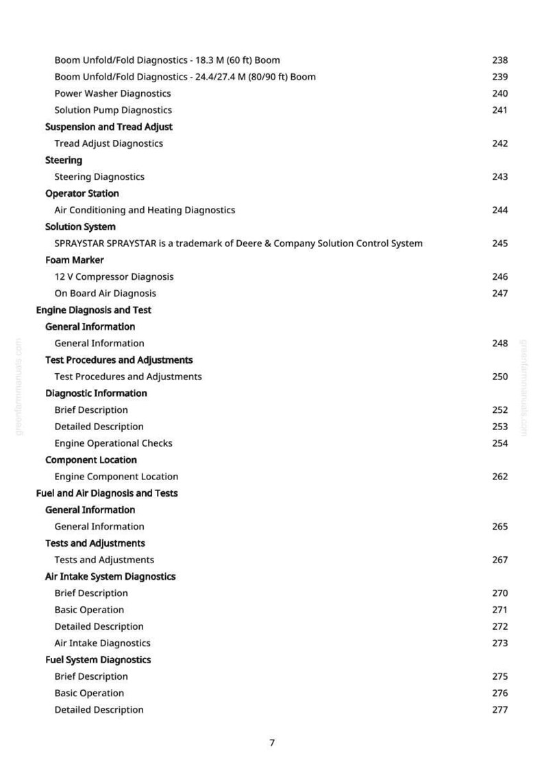 May include: A white page with a detailed table of contents. The document lists various diagnostic topics, including engine, fuel, and air intake systems, with corresponding page numbers.