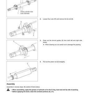 Pode incluir: Diagrama de desmontagem e montagem de um cilindro de dire&ccedil;&atilde;o hidr&aacute;ulica. A imagem mostra o processo passo a passo com instru&ccedil;&otilde;es numeradas e etiquetas para componentes como o tubo do cilindro, a barra de dire&ccedil;&atilde;o e a haste do pist&atilde;o. Instru&ccedil;&otilde;es de texto s&atilde;o inclu&iacute;das.