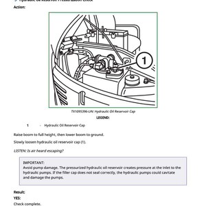 May include: Diagram of a hydraulic oil reservoir cap with a numbered callout. The image includes text instructions for checking the reservoir's pressurization, including listening for escaping air. The diagram is part of a larger technical manual.