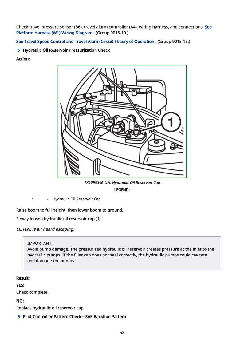 May include: Diagram of a hydraulic oil reservoir cap with a numbered callout. The image includes text instructions for checking the reservoir's pressurization, including listening for escaping air. The diagram is part of a larger technical manual.