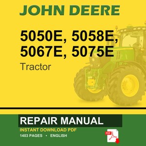 May include: A John Deere tractor repair manual cover. The image shows a green and yellow tractor against a yellow backdrop. Text includes "JOHN DEERE", tractor model numbers, and "REPAIR MANUAL". The manual is a PDF with 1403 pages.
