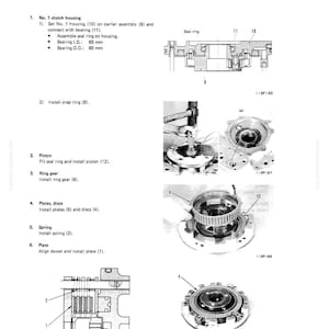 May include: A technical diagram of a clutch housing assembly, featuring detailed illustrations and labels. The diagram includes cross-sectional views, exploded views, and close-ups of various components like the housing, piston, ring gear, plates, and spring. Text labels identify each part.