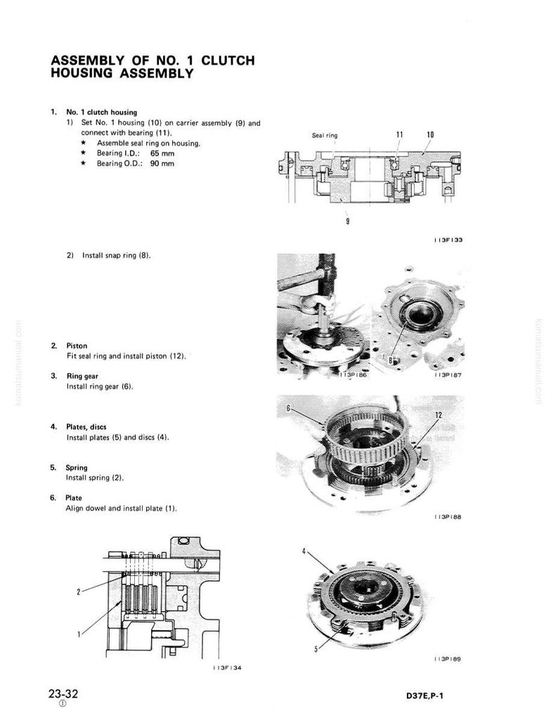 May include: A technical diagram of a clutch housing assembly, featuring detailed illustrations and labels. The diagram includes cross-sectional views, exploded views, and close-ups of various components like the housing, piston, ring gear, plates, and spring. Text labels identify each part.