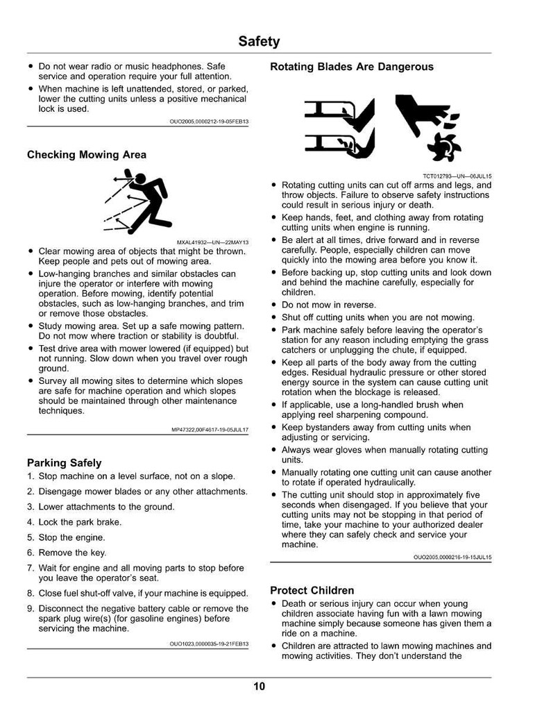 Puede incluir: Instrucciones de seguridad para cortar el c&eacute;sped, incluyendo advertencias sobre cuchillas giratorias, la comprobaci&oacute;n del &aacute;rea de corte y los procedimientos de estacionamiento seguro. Incluye diagramas y texto sobre los peligros potenciales y c&oacute;mo evitarlos.
