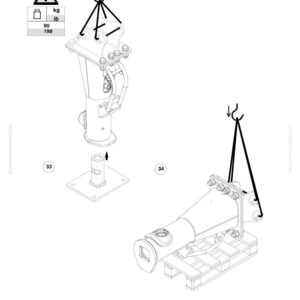 May include: Technical diagram showing two mechanical components with lifting points. One is cylindrical, the other angled. Weight specifications are included: 90 kg (198 lbs). The Komatsu logo and model number are visible.