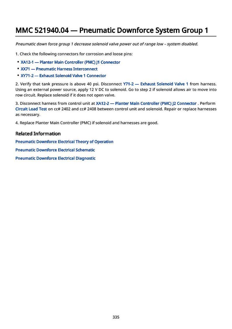 May include: Document titled "MMC 521940.04 - Pneumatic Downforce System Group 1" with instructions for checking connectors, verifying tank pressure, and replacing components. Includes related information on electrical theory and schematics.