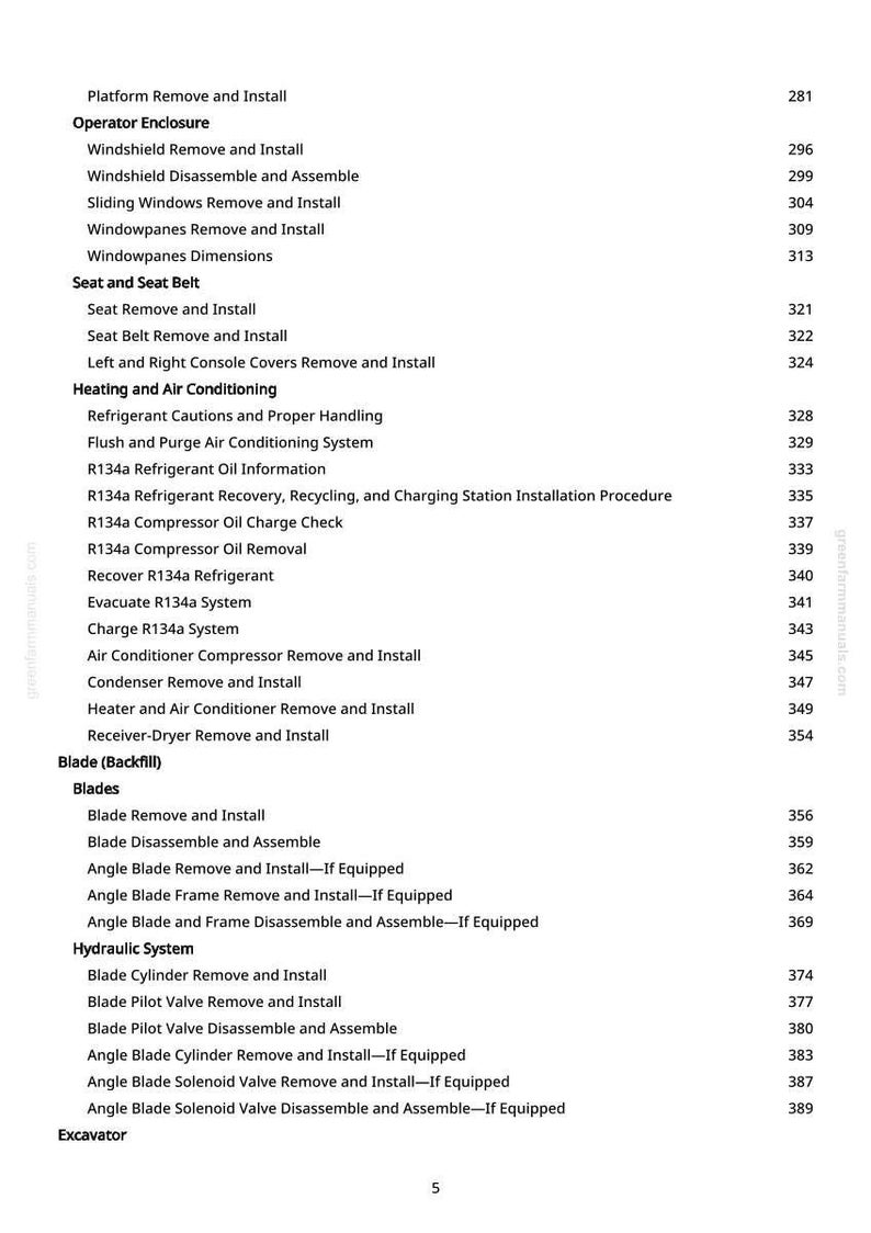 May include: A page from a manual with a list of instructions and procedures for an excavator. The text includes topics like removing and installing parts, and maintenance procedures. The page number is 5.