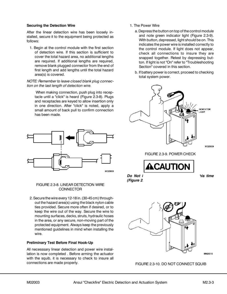 May include: Diagrams and instructions for securing a detection wire and checking power on an Ansul "Checkfire" electric detection and actuation system. Includes diagrams of connectors and a control module with a caution label.